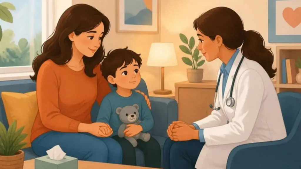 Mãe segurando a mão do filho com autismo durante consulta, simbolizando o cuidado que o BPC/LOAS ajuda a sustentar
