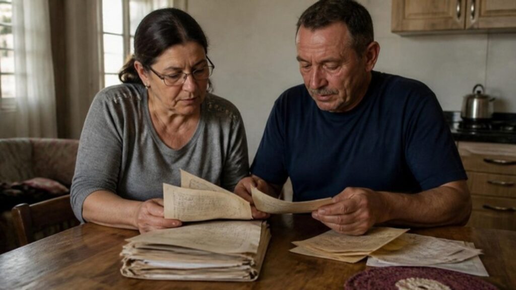 Casal à mesa da cozinha conferindo o contrato de gaveta e os papéis da compra da casa