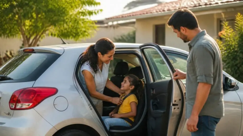 Família com criança com autismo ao lado de um carro, em um dia ensolarado